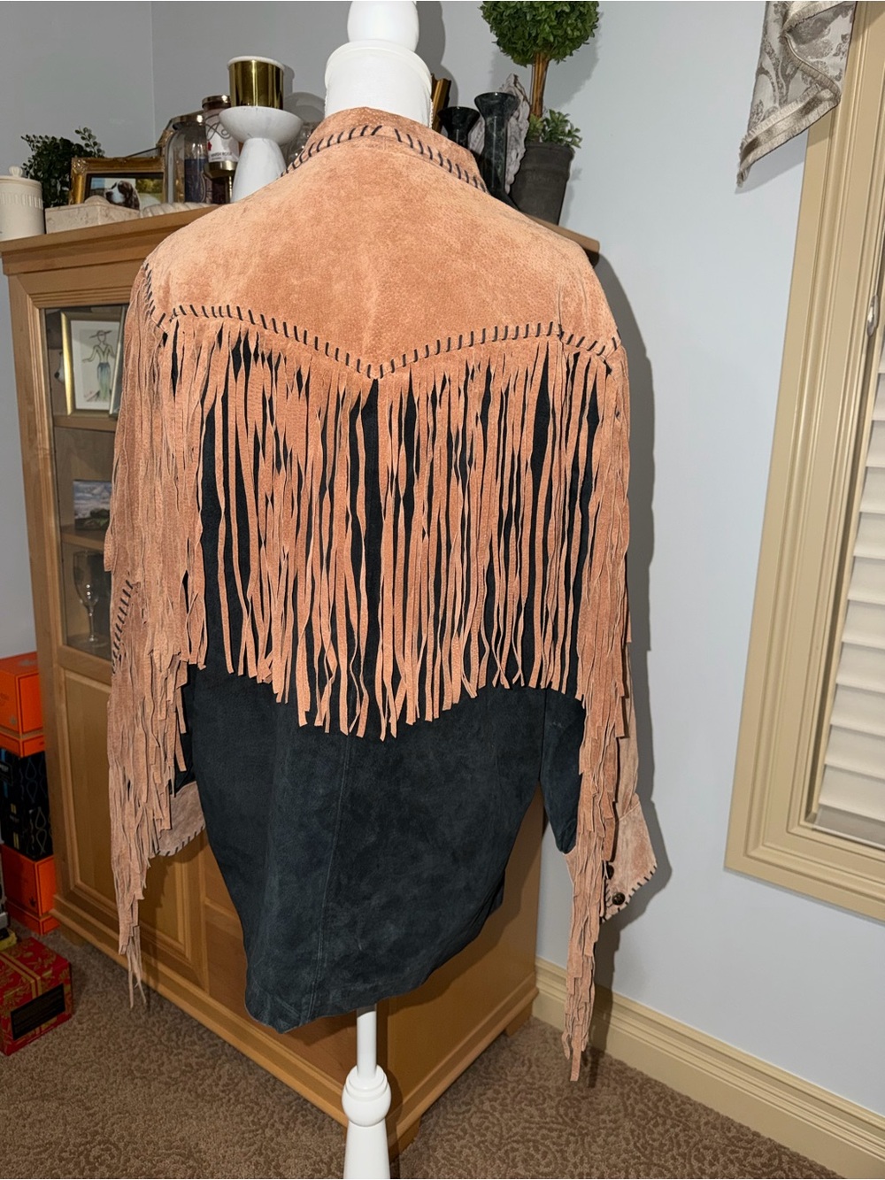 80s Bob Mackie Vintage Fringed Leather Suede Western Jacket Brown & Black Size L - Picture 8 of 15